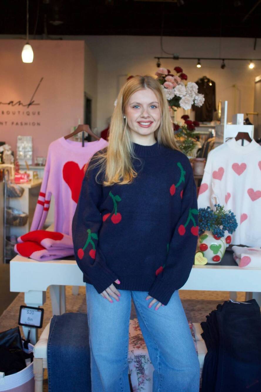 NEW BY TOGETHER cherry crewneck sweater in navy